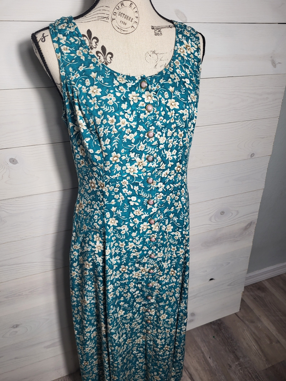 Vintage Betsy Lauren Midi Dress Sleeveless Teal Floral Button-Front Whimsy.